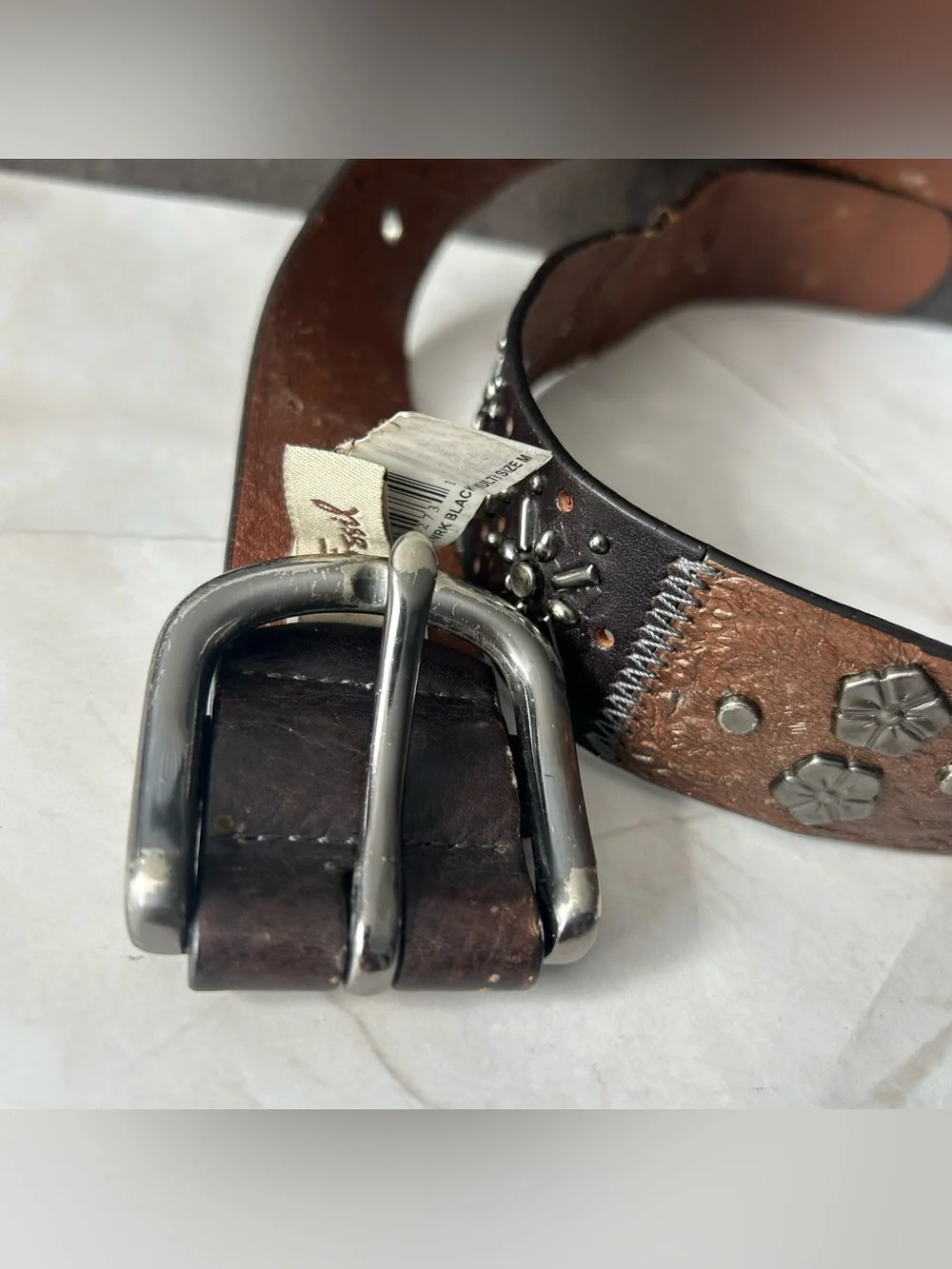 Fossil Vintage Brown Leather Studded Belt with Silver Buckle
